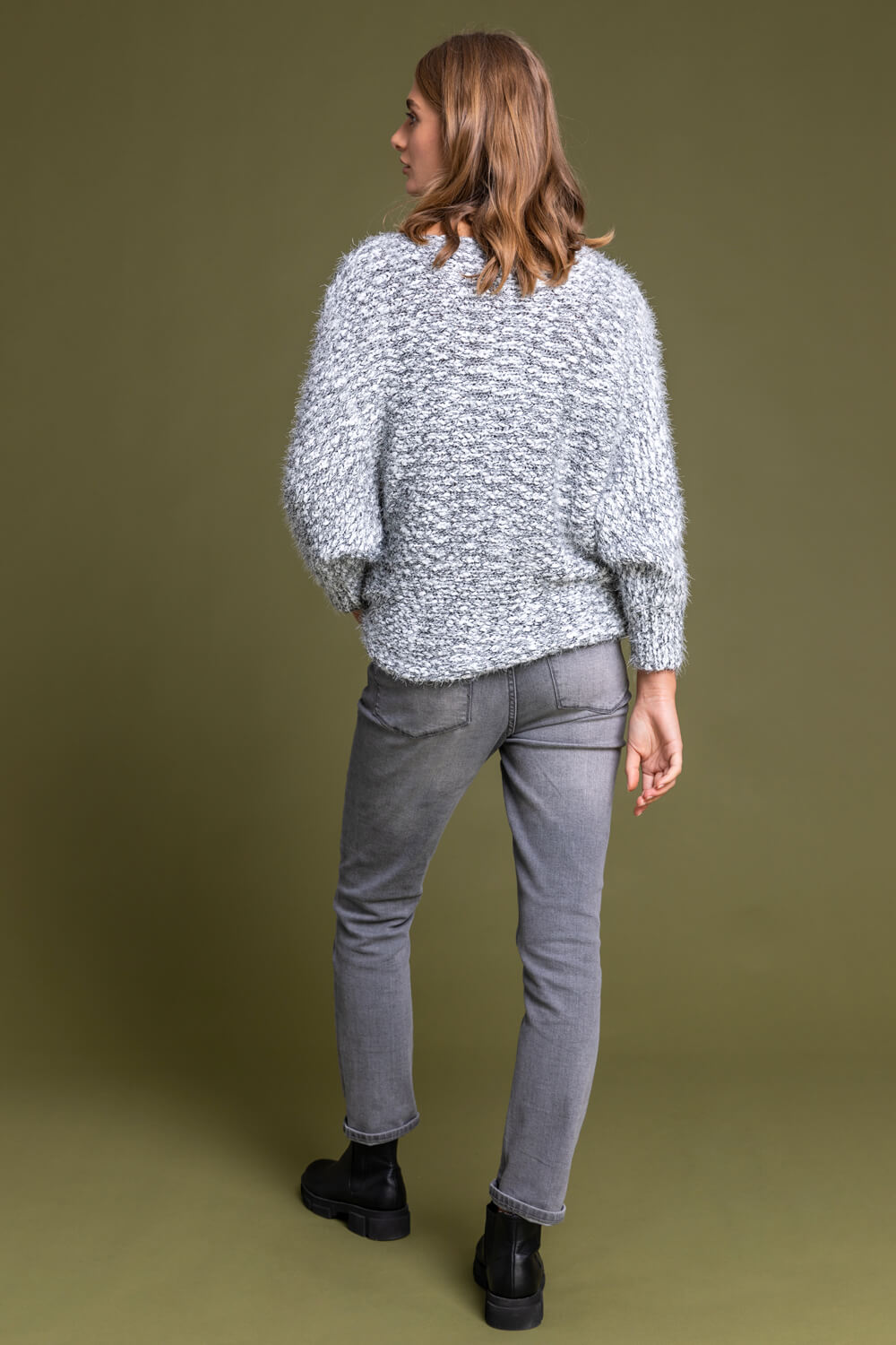 Grey Fluffy Batwing Sleeve Jumper, Image 2 of 4