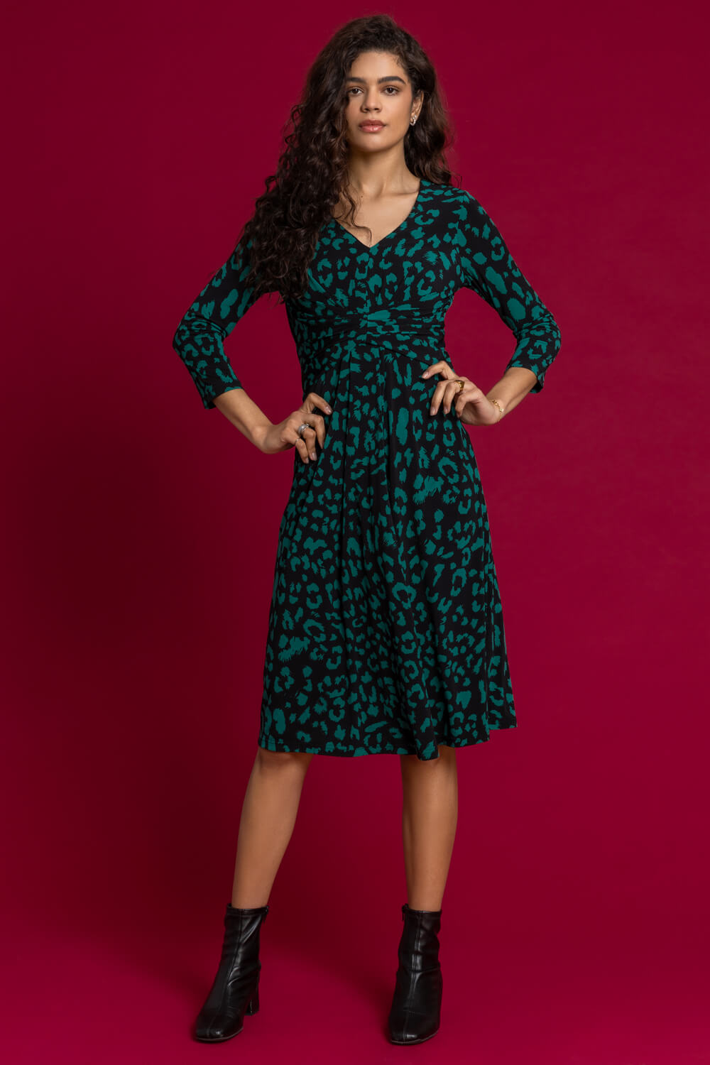 Green Animal Print Fit And Flare Dress, Image 3 of 4