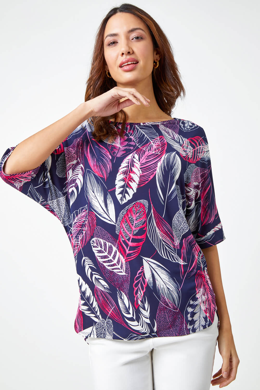 PINK Leaf Print Textured Tunic Top, Image 2 of 5