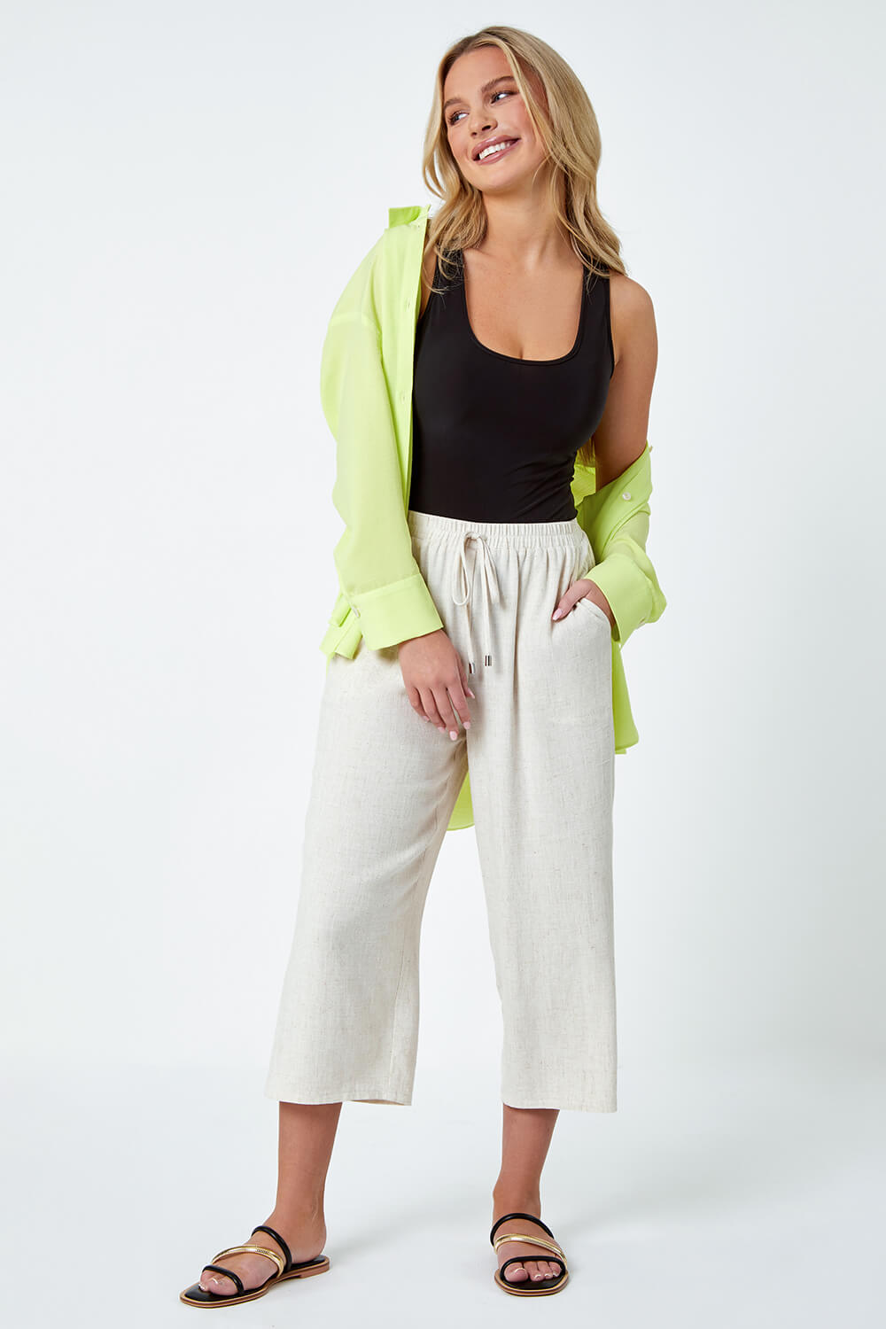 Buy Linen Blend Wide Leg Cropped Trousers in Bahrain - bfab