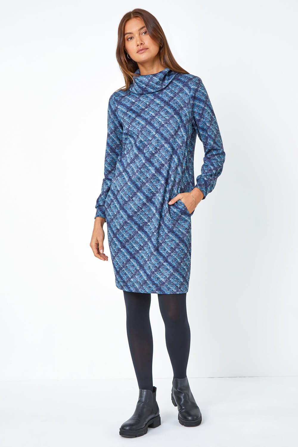 Blue Checked Cowl Neck Stretch Dress, Image 2 of 4