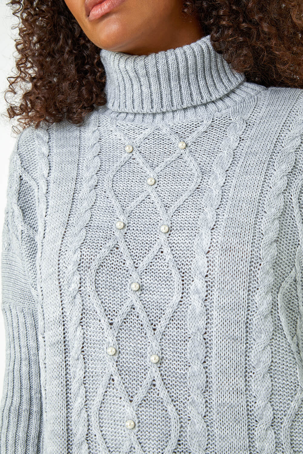 Grey Pearl Embellished Cable Knit Longline Jumper, Image 5 of 5