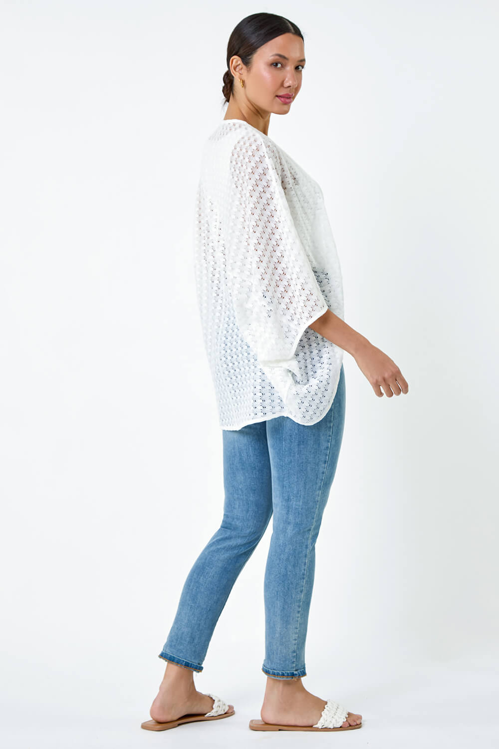 White Textured Knit Cardigan Cover Up, Image 3 of 5