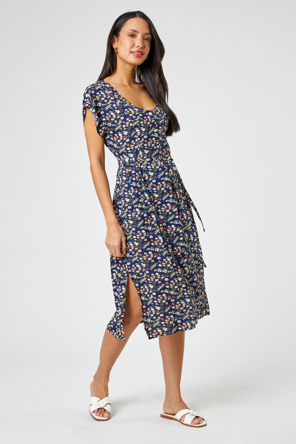Navy  Floral Print Button Belted Midi Dress, Image 3 of 5