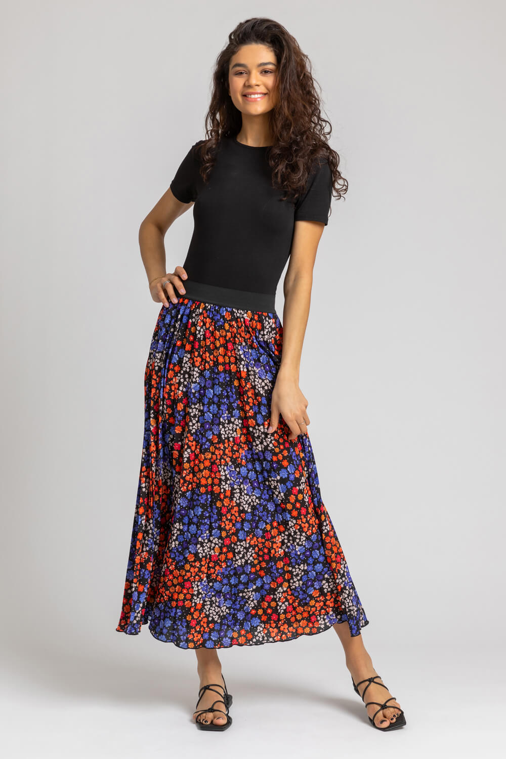 ORANGE Floral Spot Print Pleated Maxi Skirt, Image 4 of 4