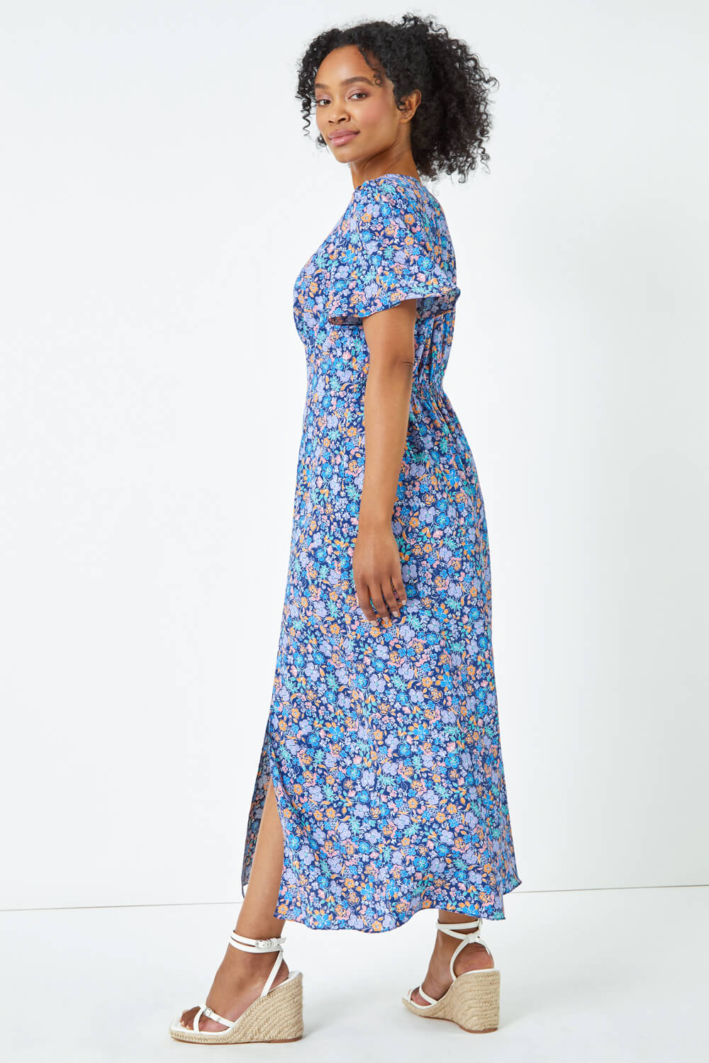 Blue Petite Button Detail Floral Midi Dress, Image 3 of 5