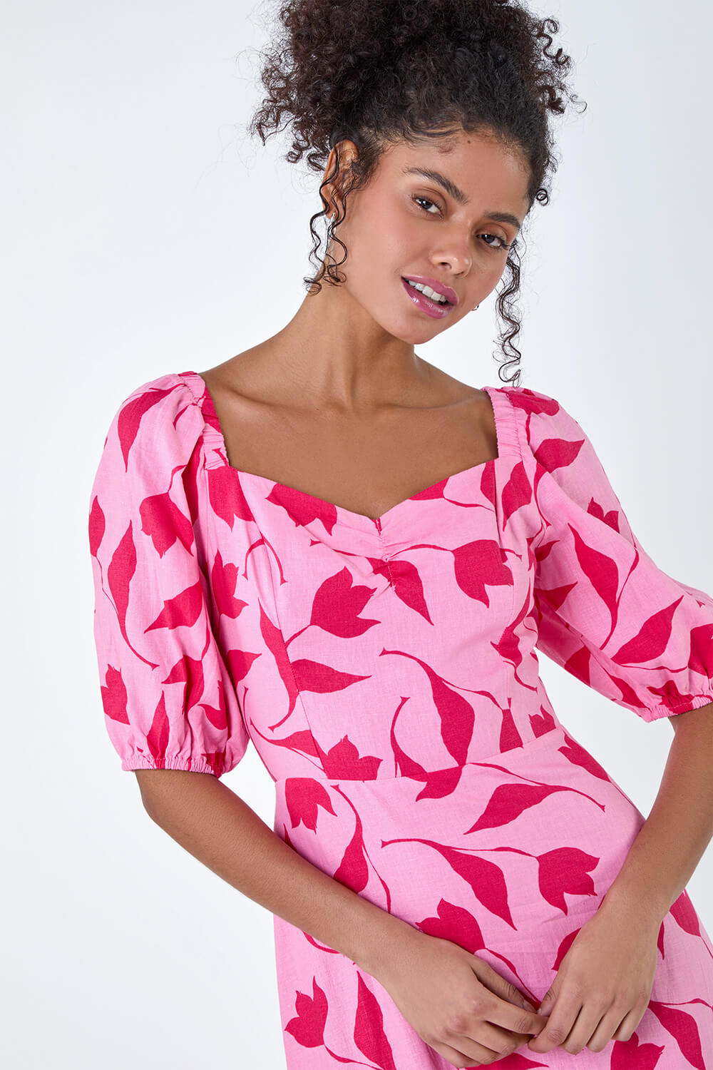 PINK Floral Print Frill Hem Midi Dress , Image 4 of 5