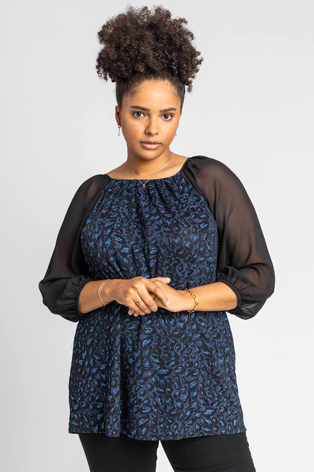 Blue Curve Glitter Animal Print Pleated Top, Image 1 of 4