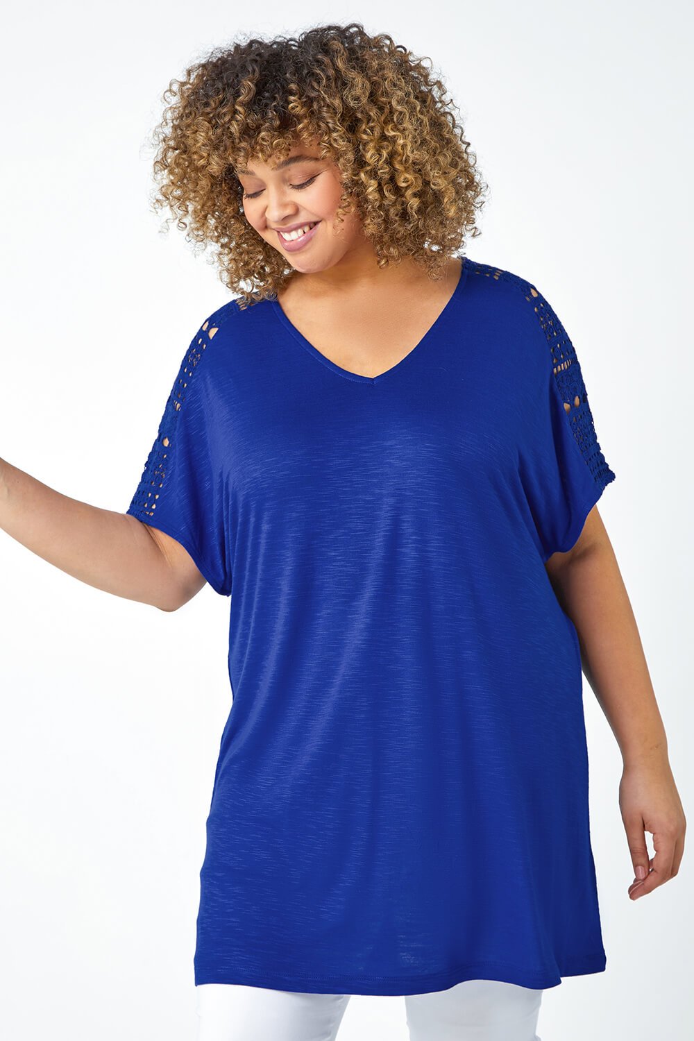 Blue Curve Lace Trim T-Shirt, Image 2 of 5