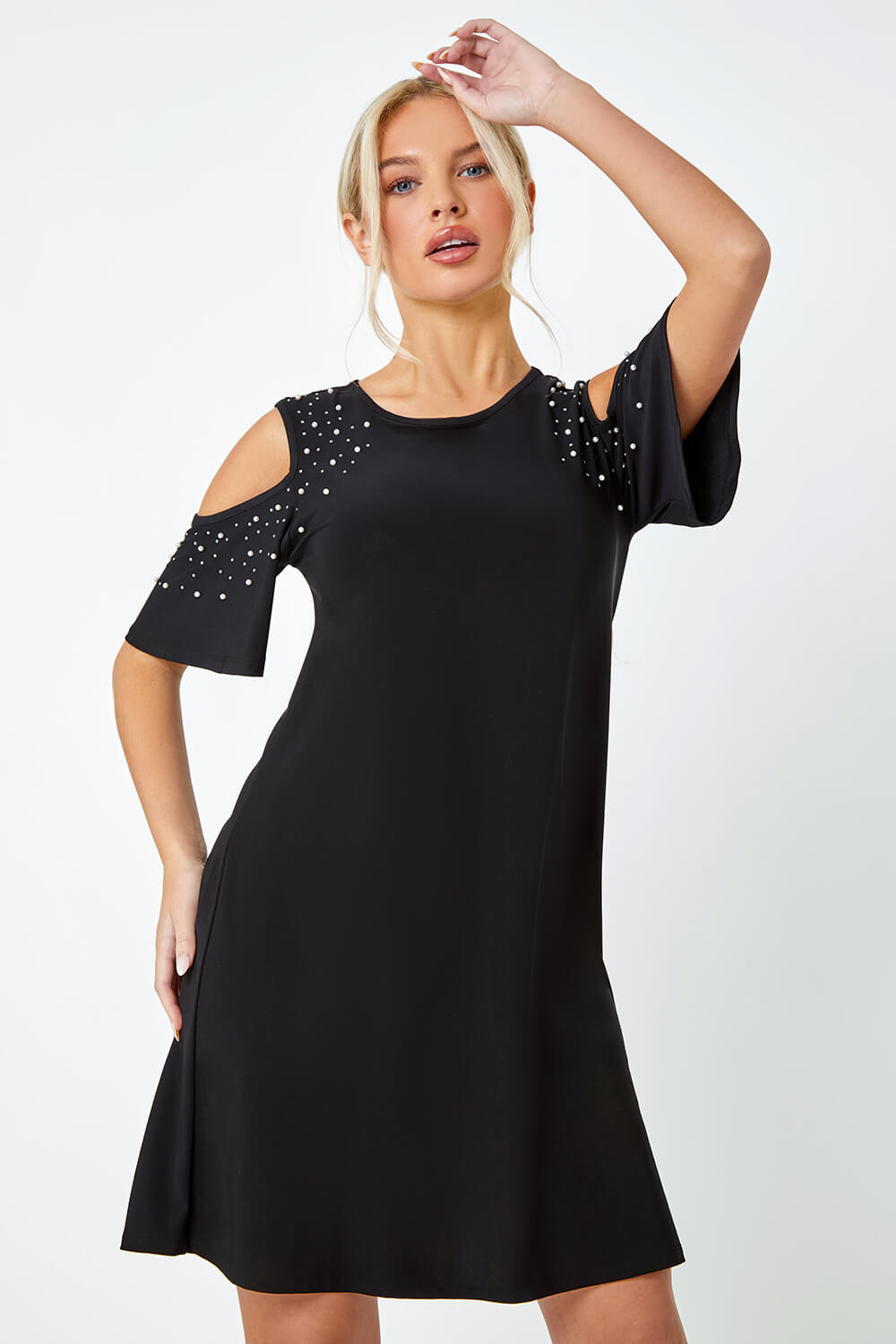 Black Petite Sparkle Cold Shoulder Dress, Image 2 of 5