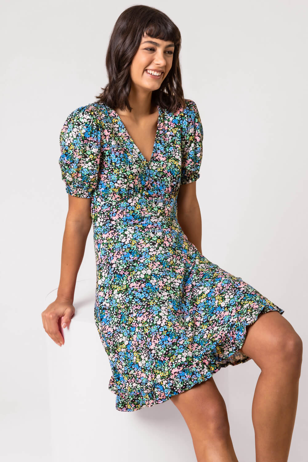 Blue Ditsy Floral Stretch Jersey Tea Dress, Image 5 of 5