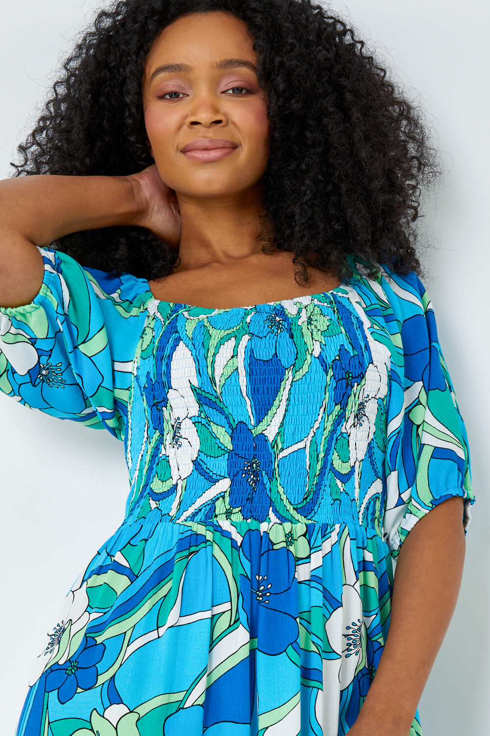 Turquoise Petite Floral Stretch Tiered Maxi Dress, Image 4 of 5