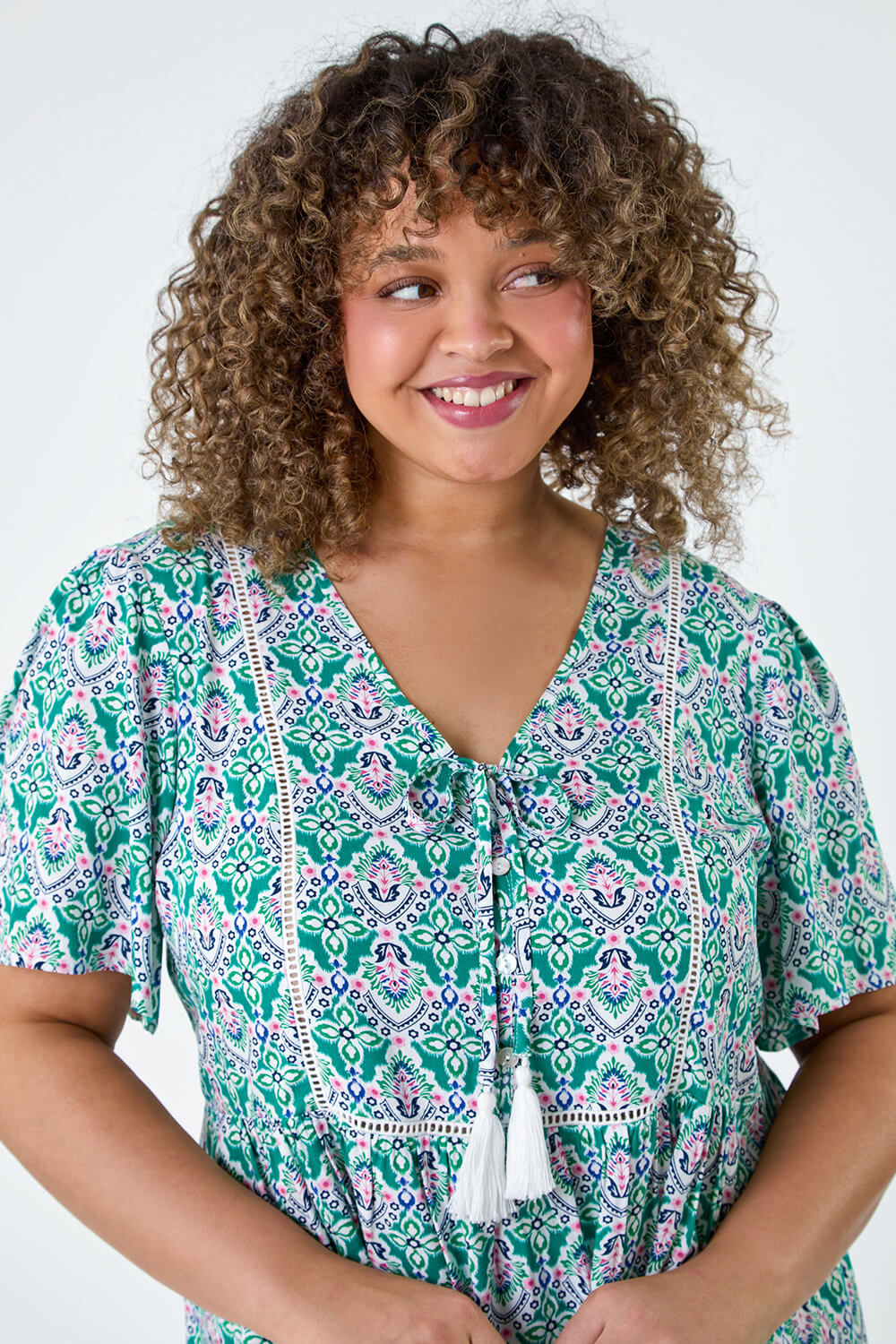 Green Curve Tie Front Boho Printed Top, Image 4 of 5
