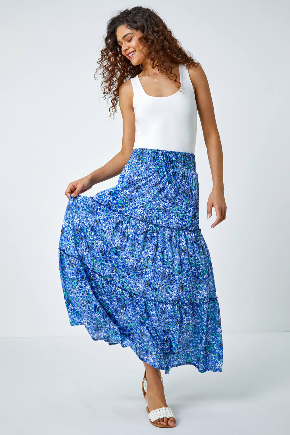 Blue Ditsy Floral Print Tiered Maxi Skirt, Image 2 of 5