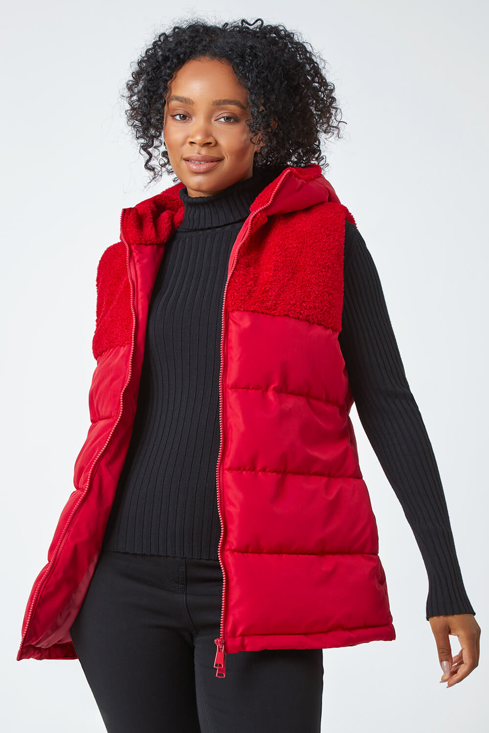 Red Petite Borg Detail Hooded Padded Gilet, Image 3 of 5