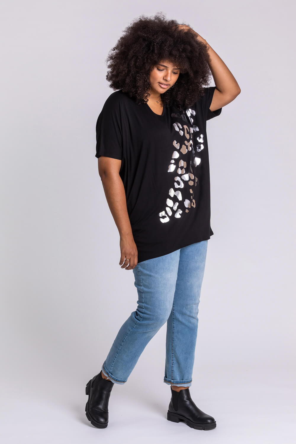 Black Curve Embellished Animal Print T-Shirt, Image 3 of 4