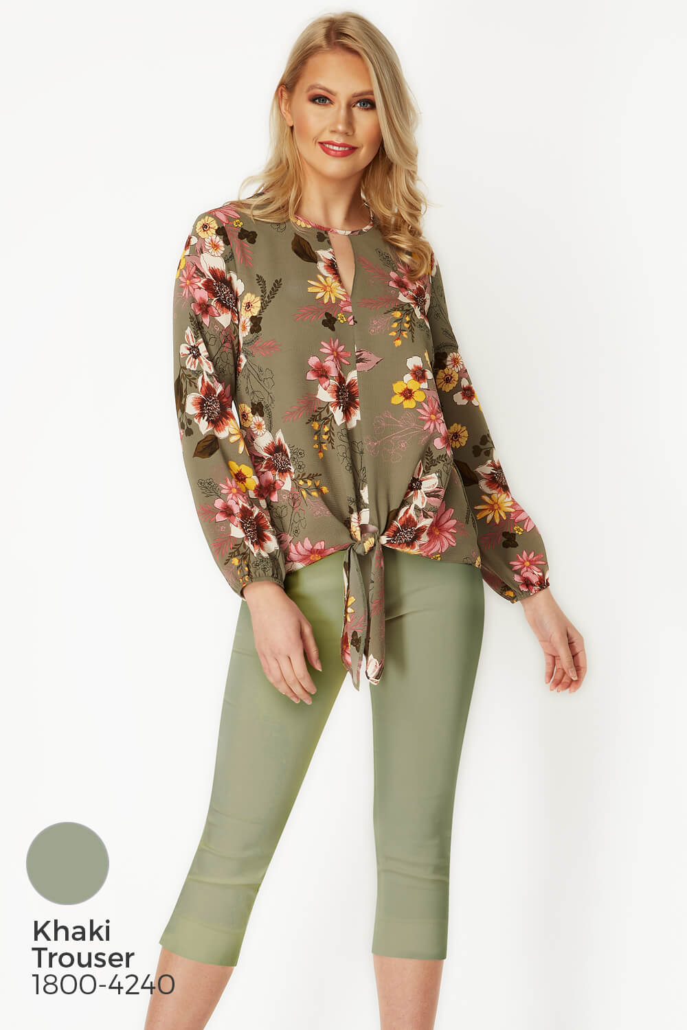 KHAKI Floral Tie Front Top, Image 7 of 8