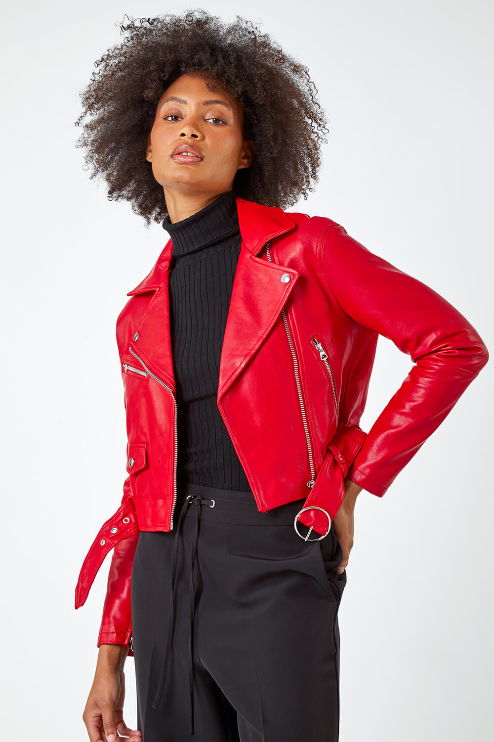 Red Cropped Faux Leather Biker Jacket , Image 2 of 5