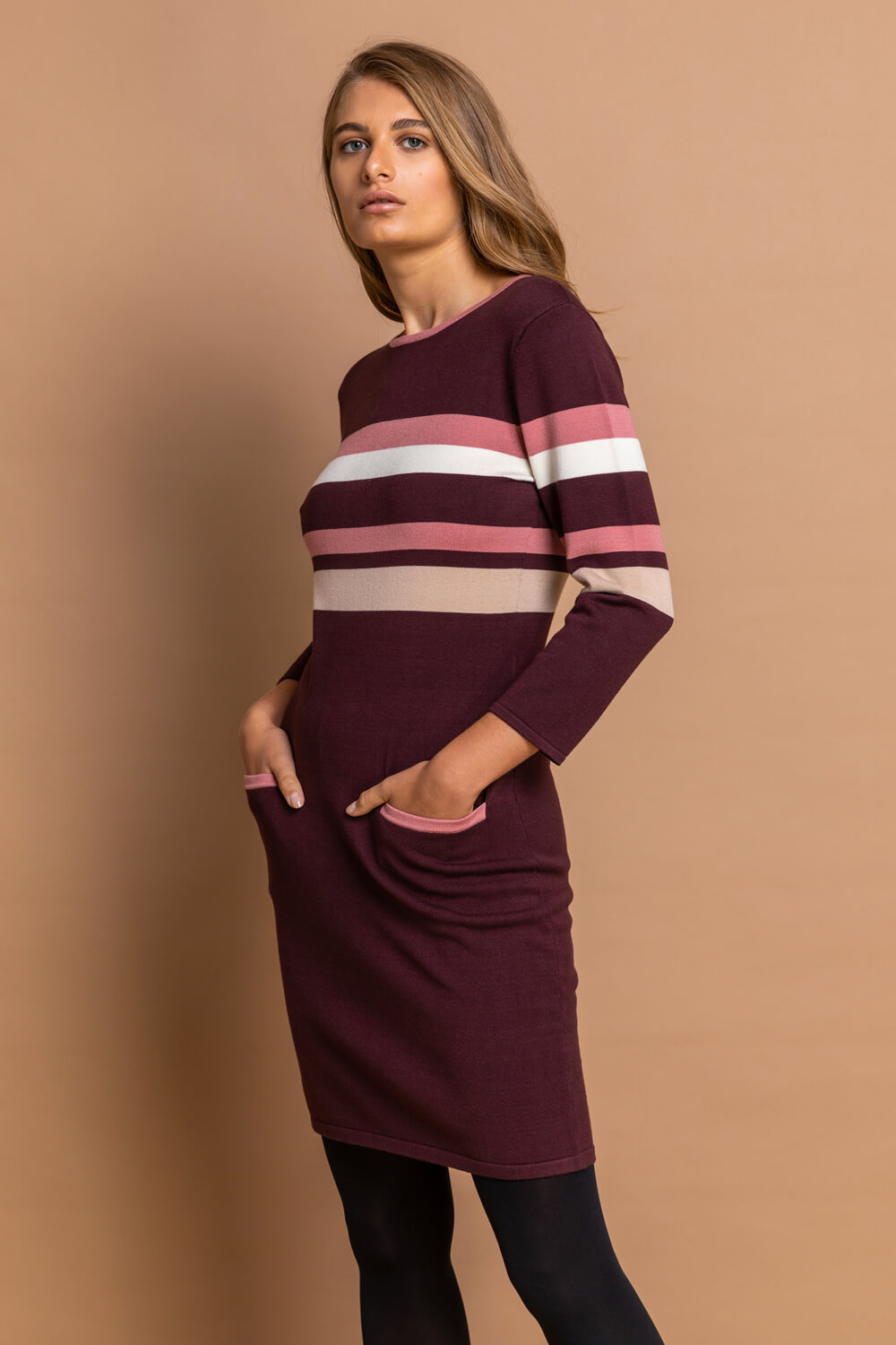 Purple Contrast Stripe Print Jumper Dress, Image 3 of 4