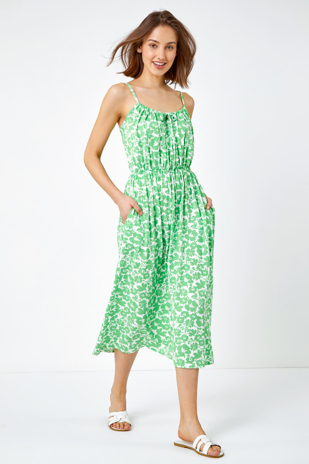 Green Strappy Floral Tie Detail Midi Dress, Image 2 of 5