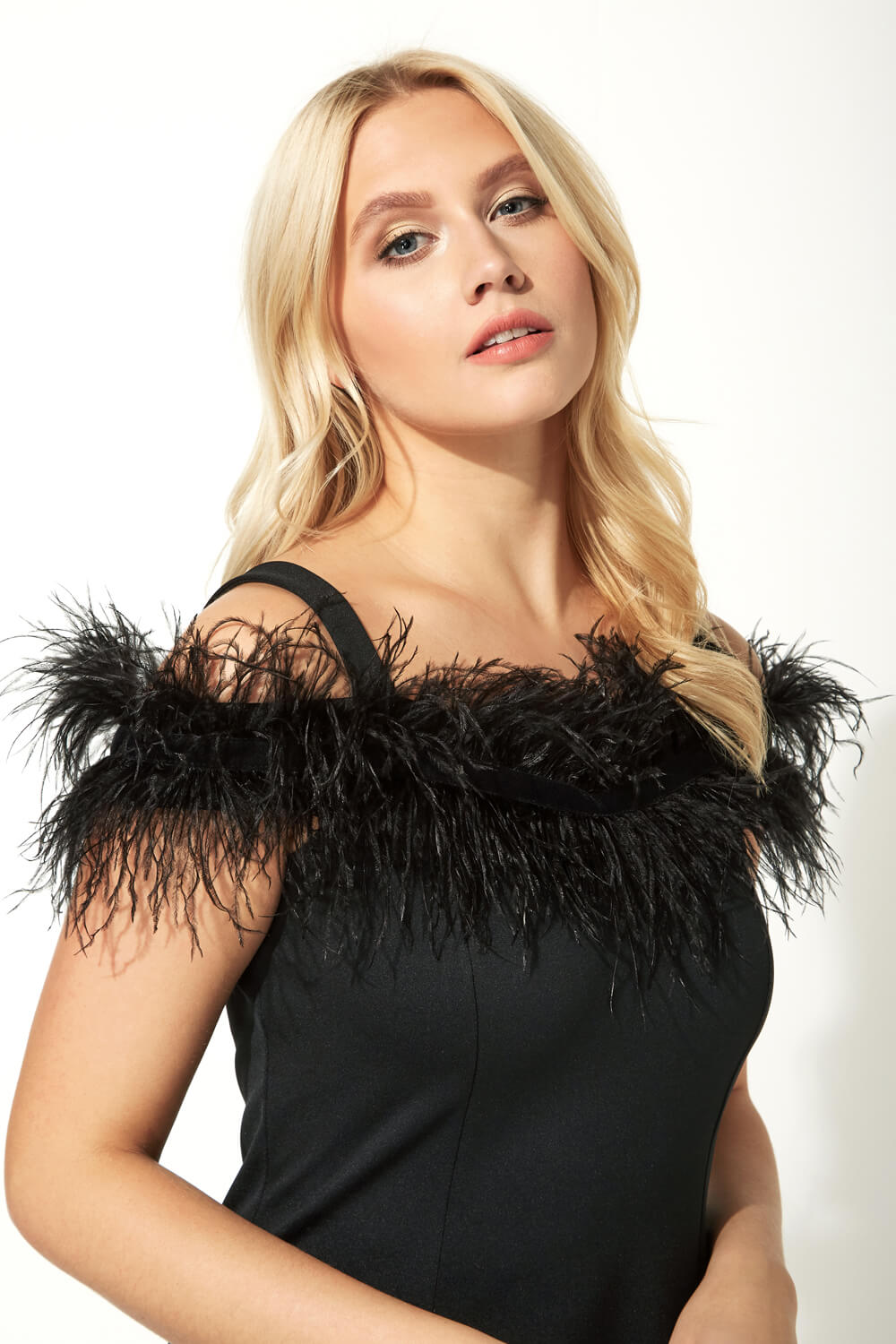 Black Feather Embellished Fitted Dress, Image 3 of 5