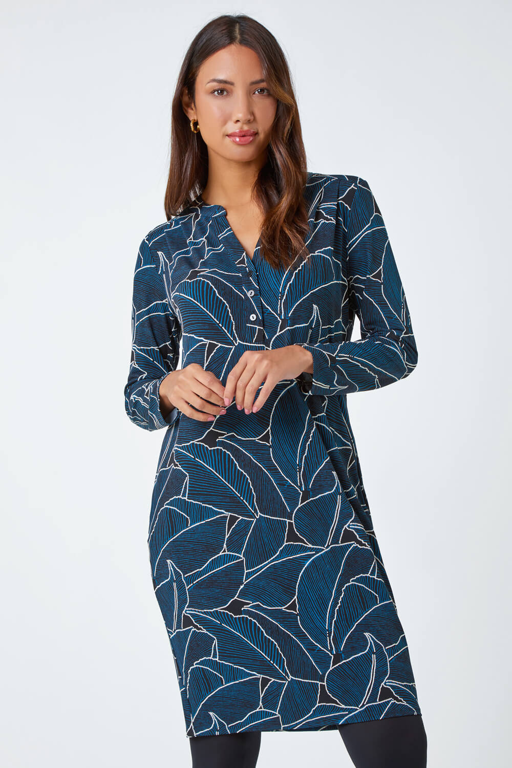 Teal Leaf Print Cocoon Stretch Dress | Roman UK
