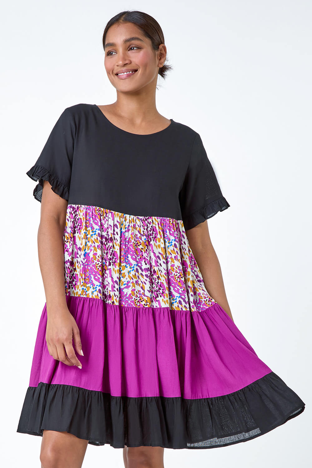 PINK Colour Block Print Tiered Smock Dress, Image 2 of 5