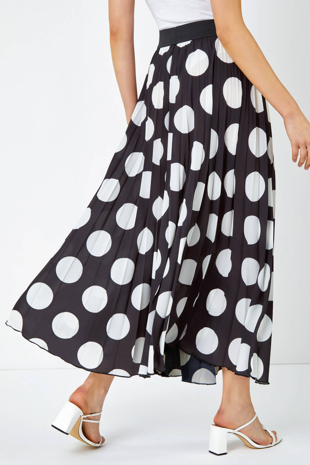 Black Polka Dot Pleated Midi Skirt, Image 3 of 5