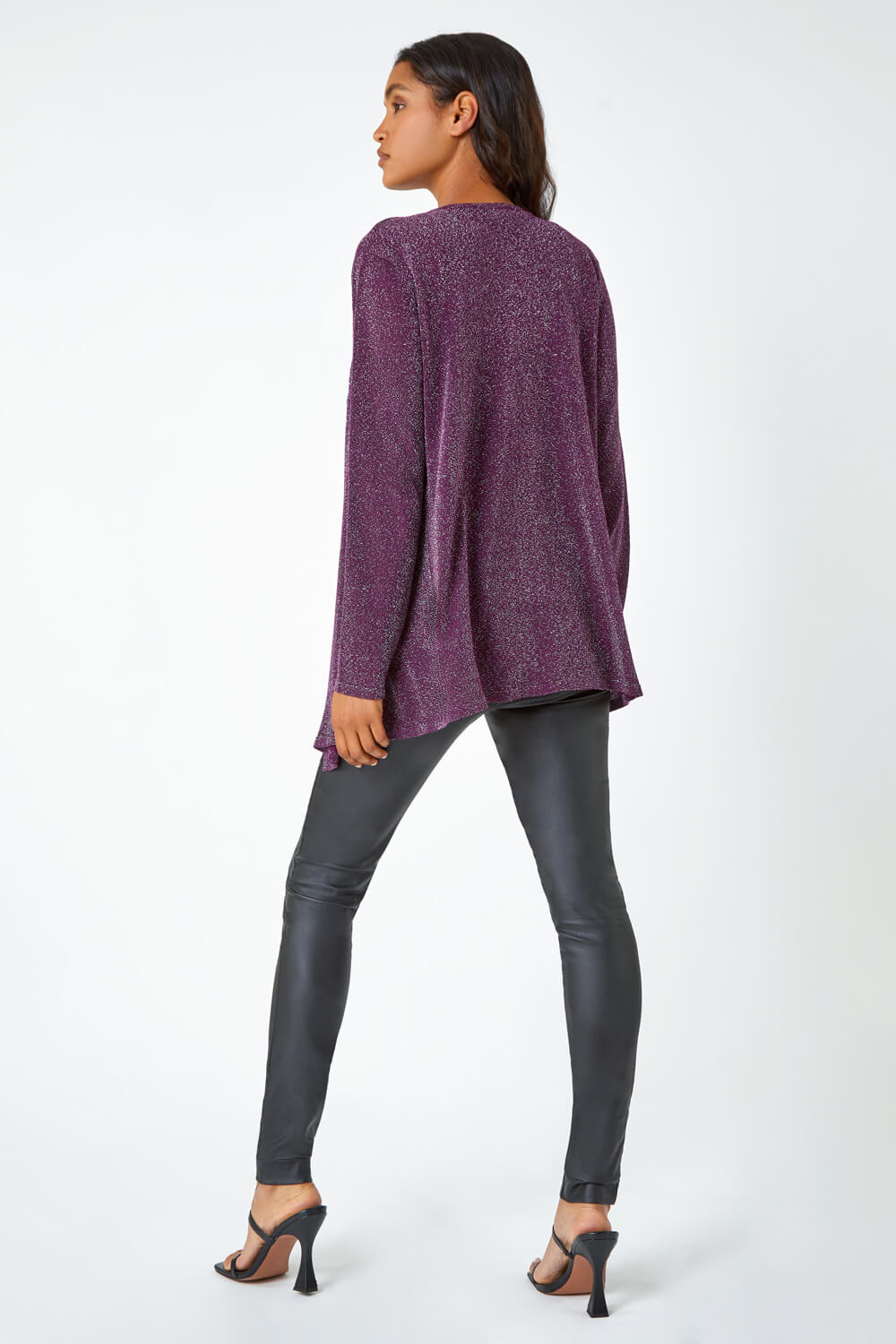 Aubergine Shimmer Waterfall Stretch Cardigan, Image 3 of 5