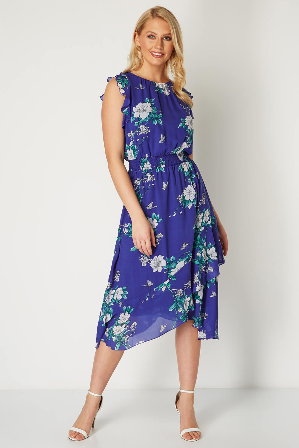 Floral Ruffle Midi Dress in Royal Blue - Roman Originals UK