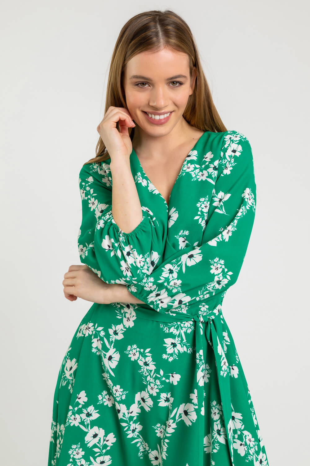 Petite Floral Fit & Flare Dress in Green | Roman UK