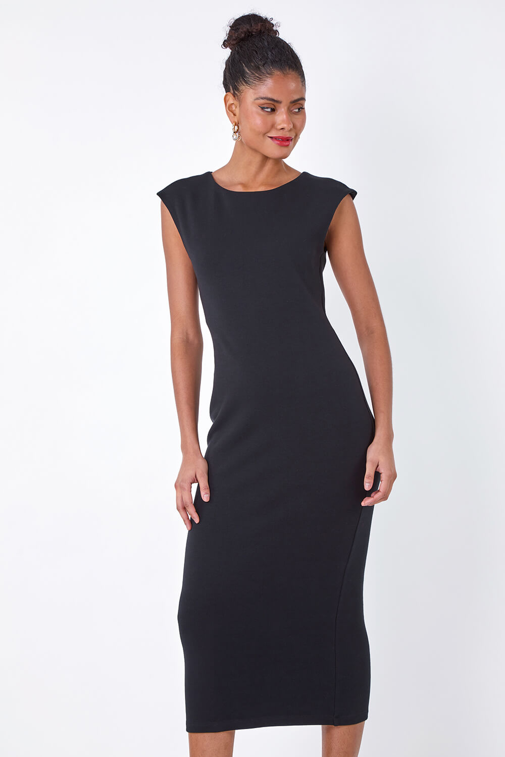 Black Plain Bodycon Stretch Jersey Midi Dress, Image 4 of 5