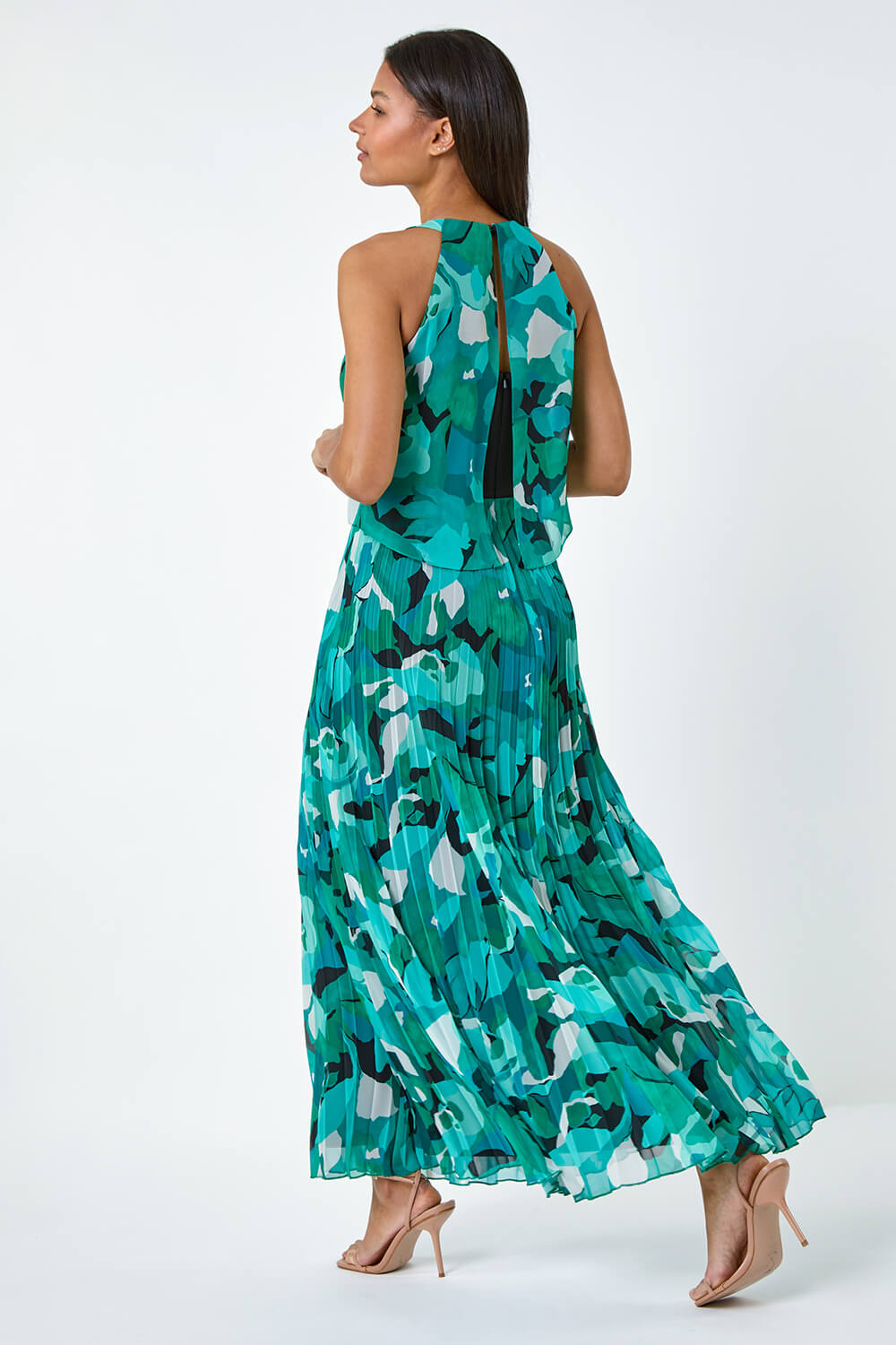 Teal Swirl Print Pleated Halterneck Maxi Dress, Image 3 of 5