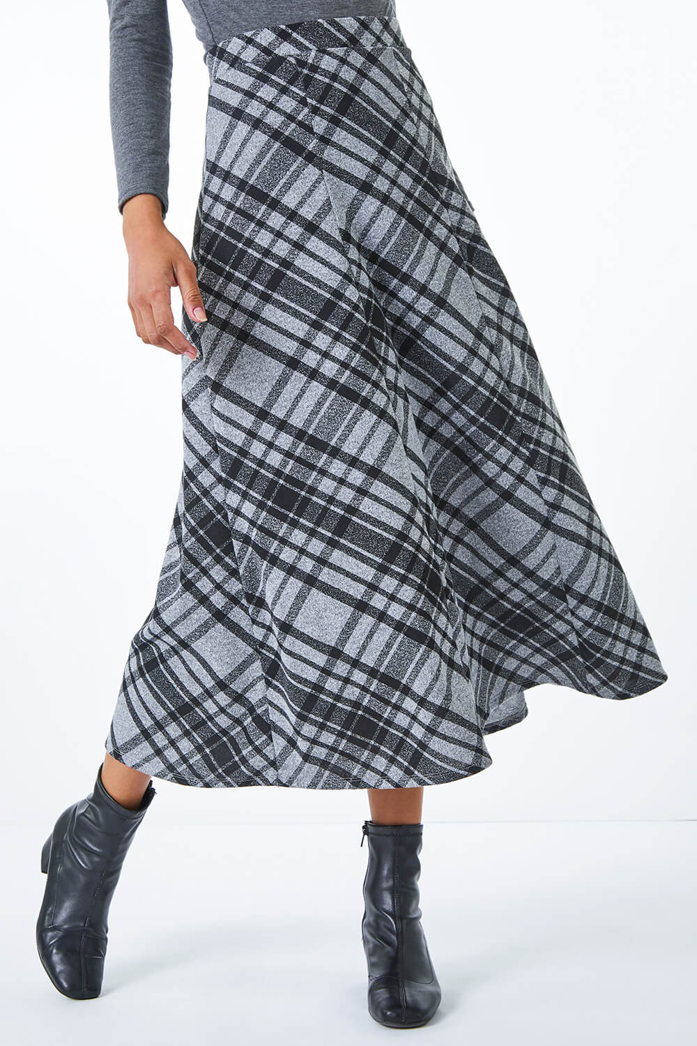 Check Print Stretch Skirt in Grey - Roman Originals UK