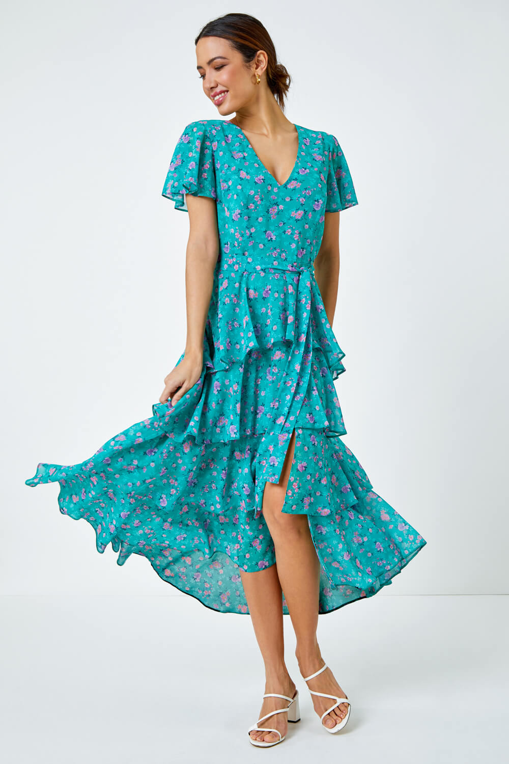 Green Floral Print Tiered Midi Dress, Image 3 of 6