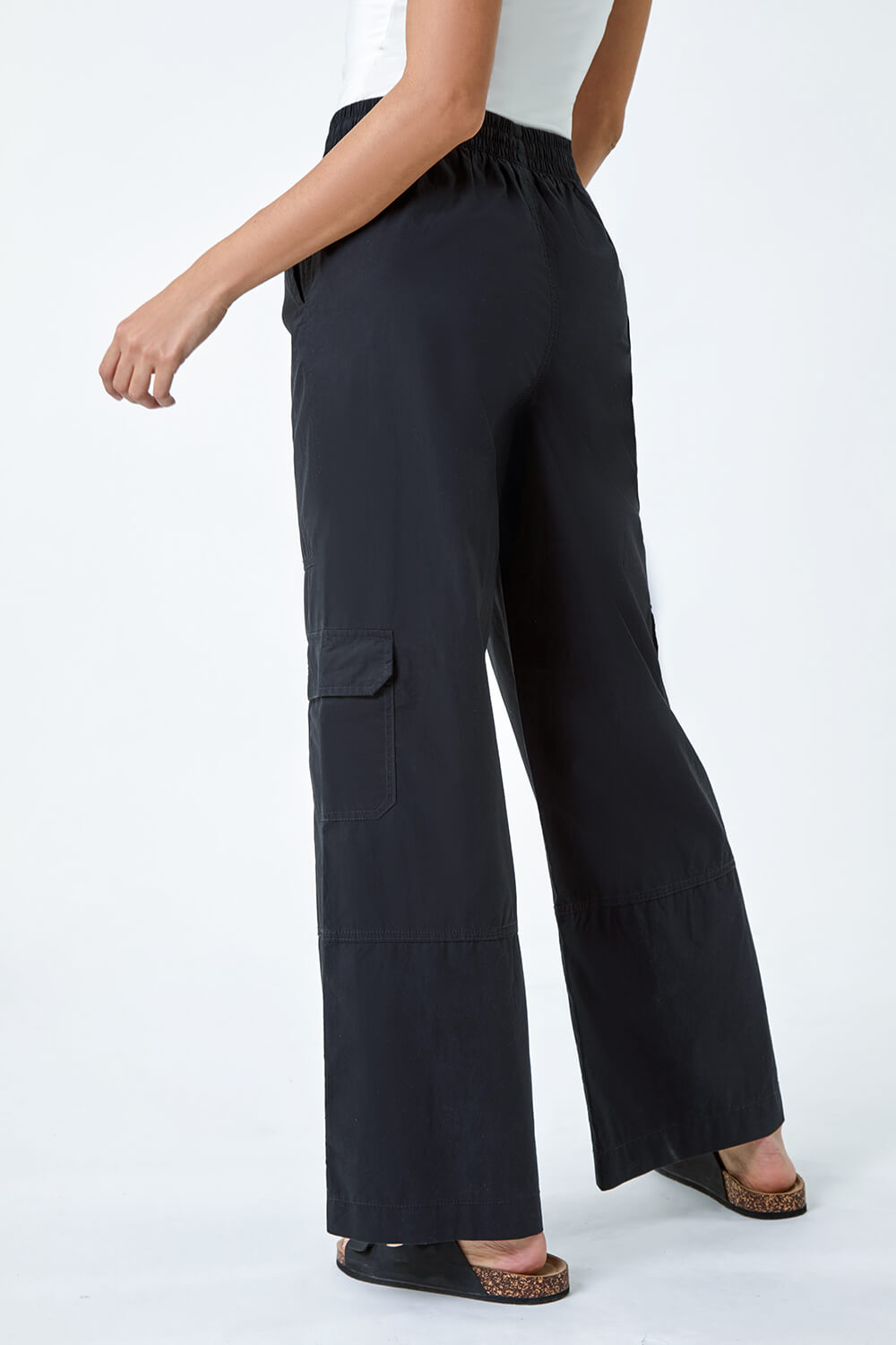 Black Cotton Wide Leg Cargo Trousers, Image 3 of 5