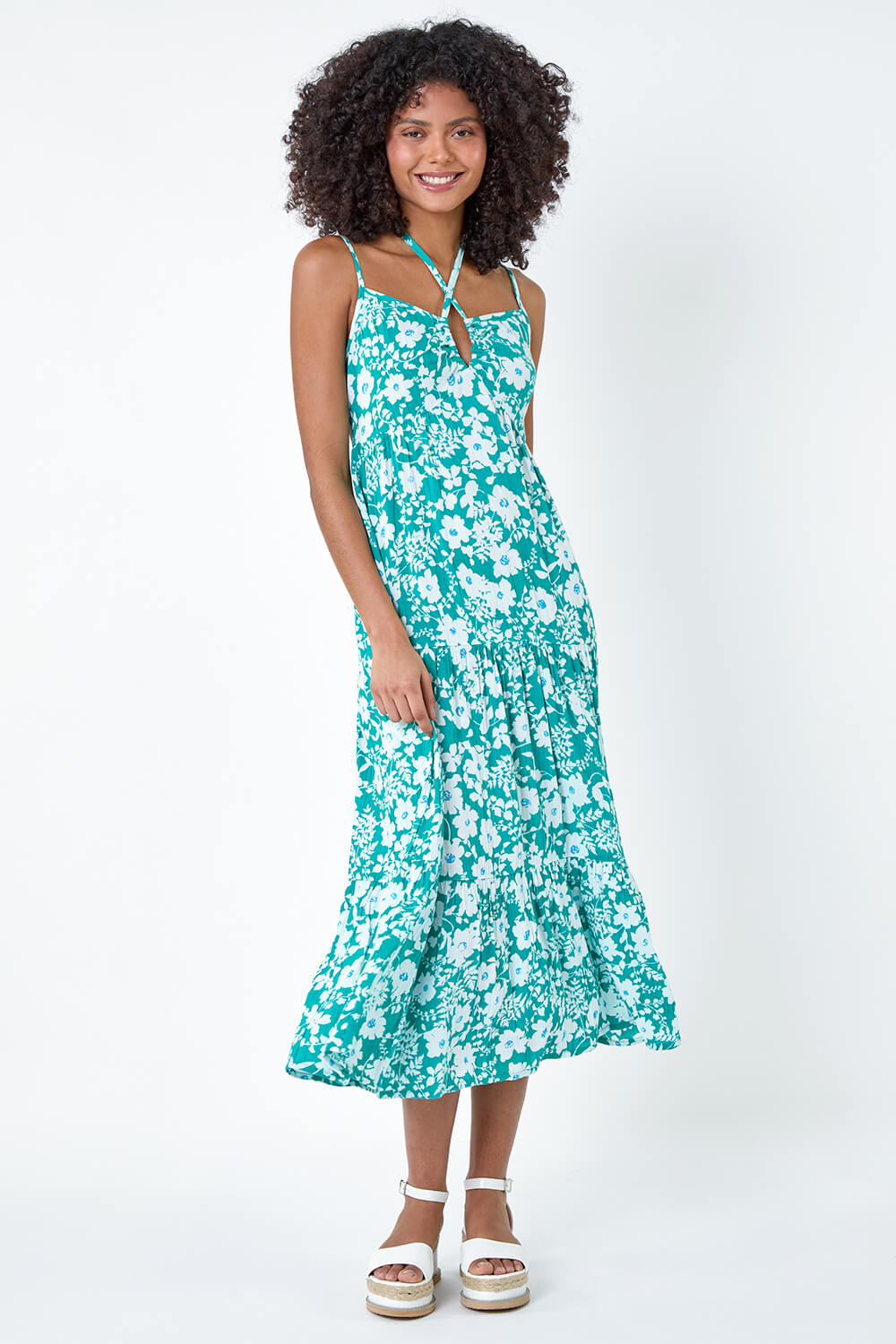 Turquoise Floral Strappy Cross Over Midi Dress, Image 2 of 5