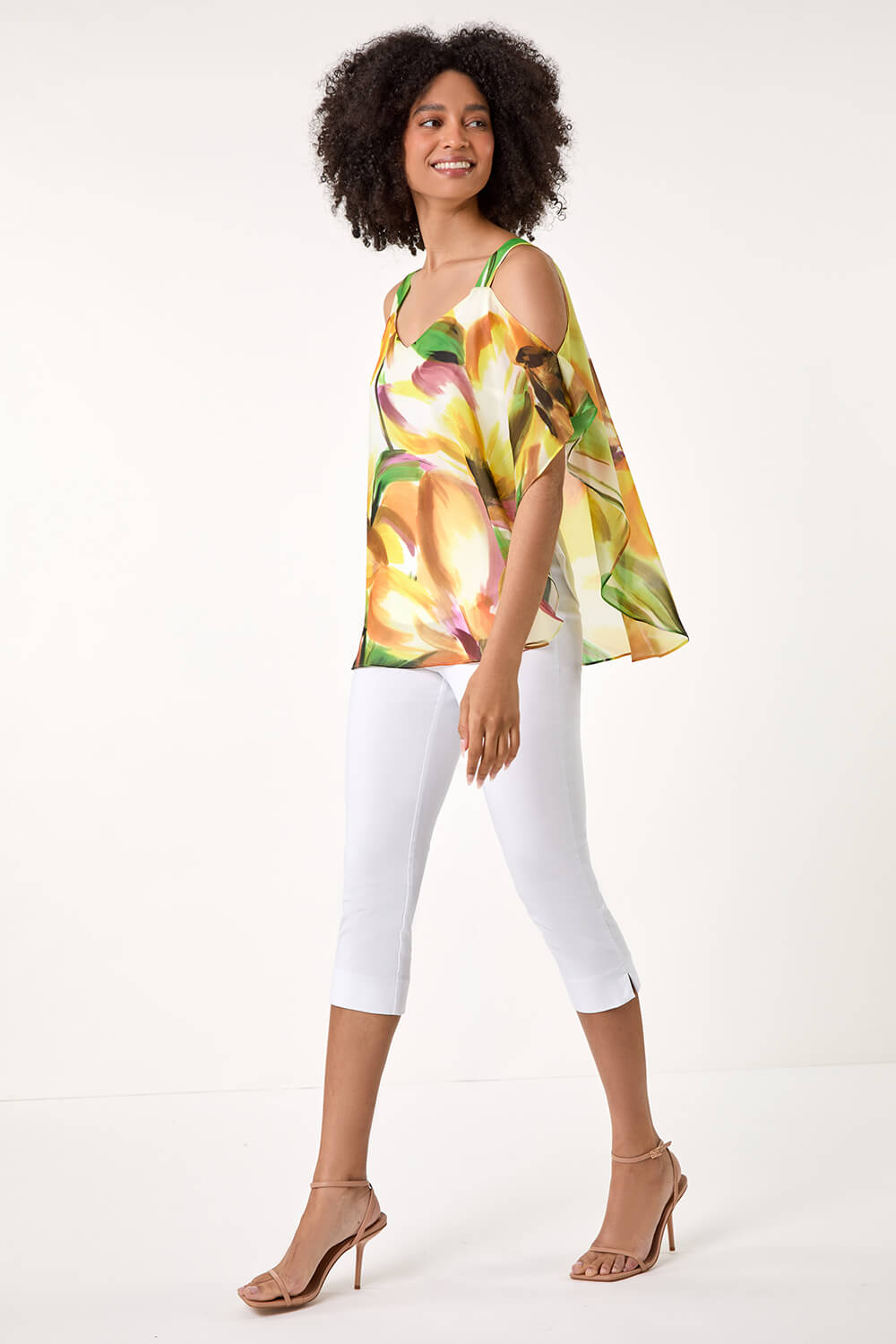 Yellow Abstract Print Cold Shoulder Overlay Top, Image 2 of 5