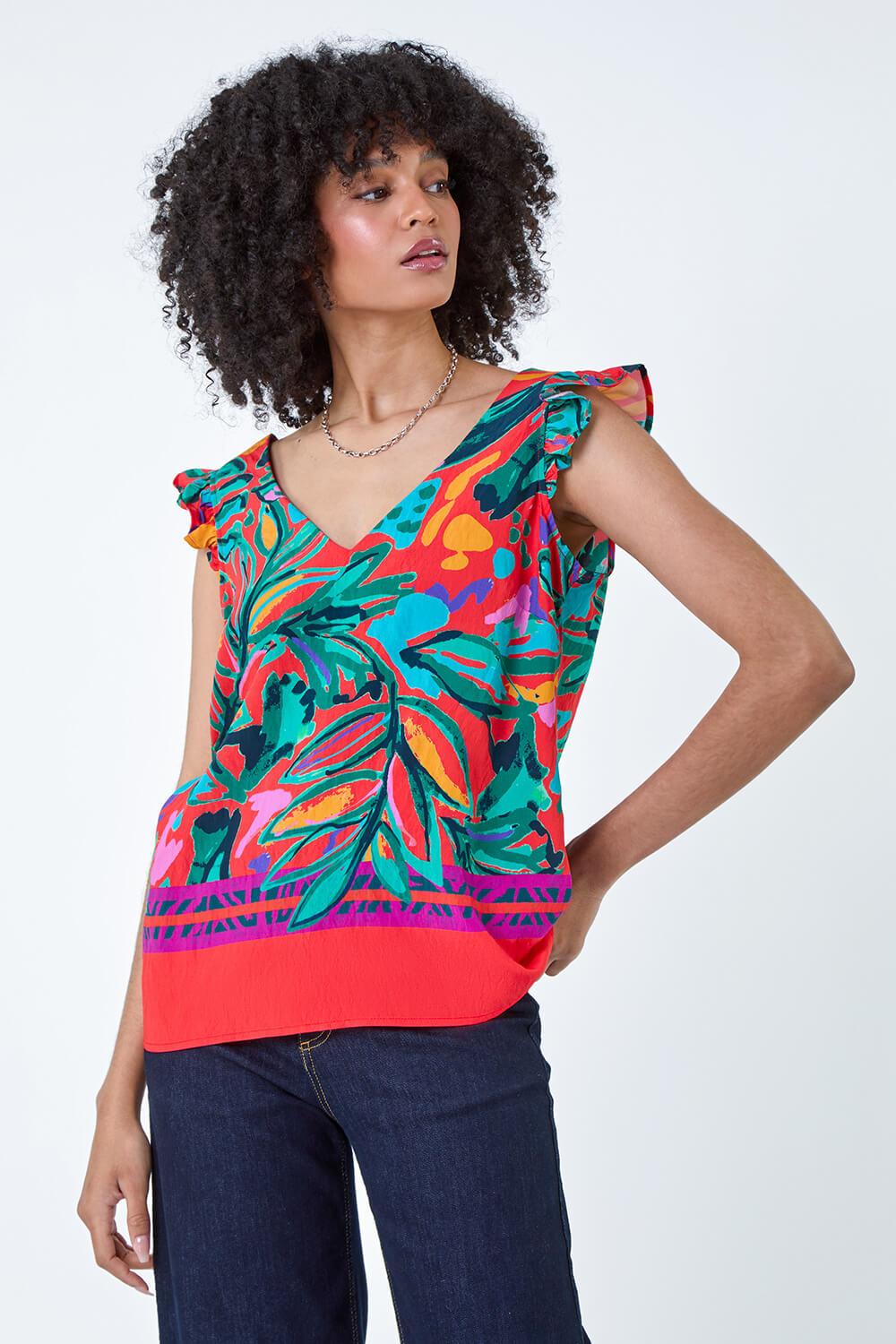 Red Tropical Print Frill Sleeve Vest Top, Image 2 of 5