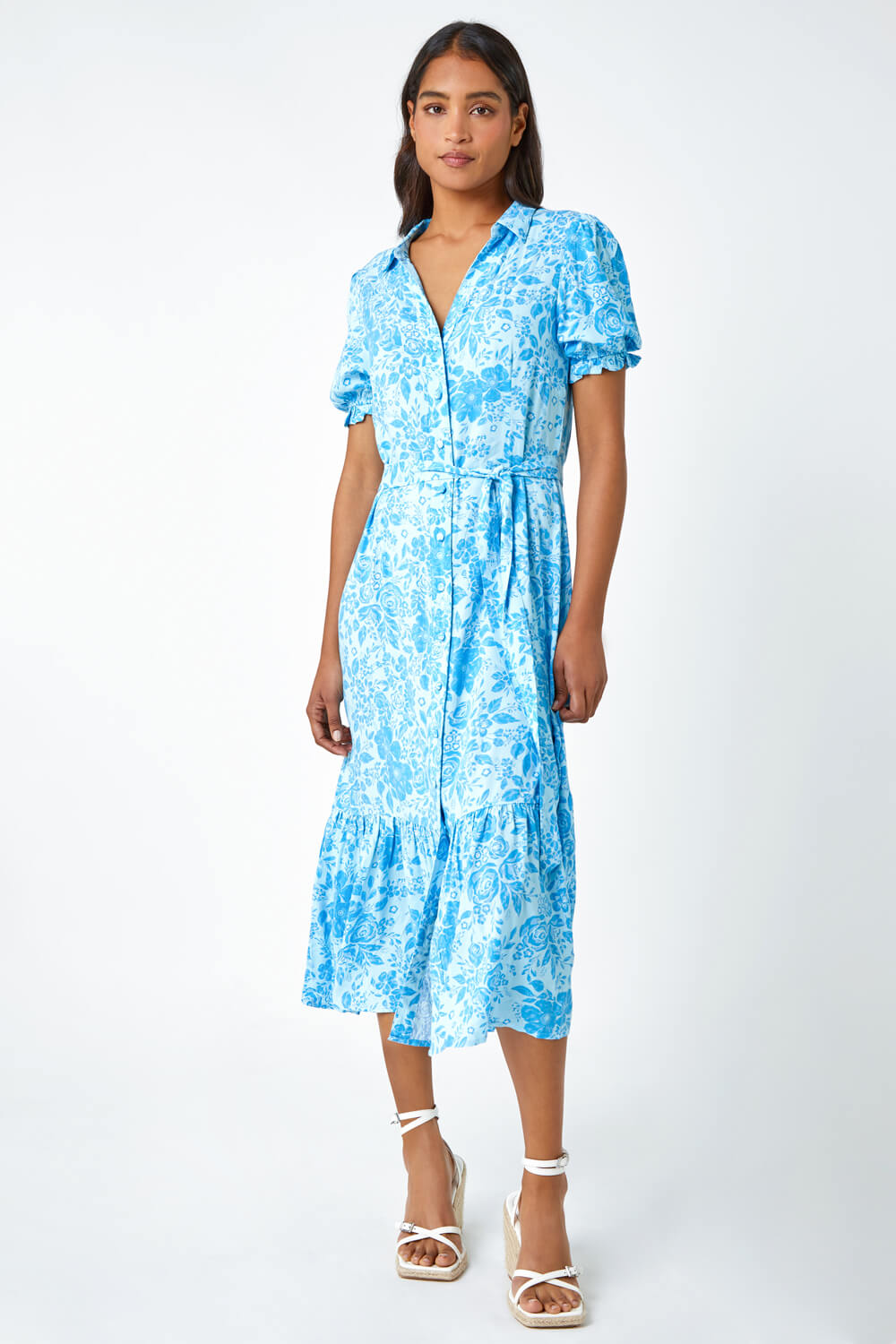 Blue Floral Print Frill Hem Shirt Dress, Image 2 of 5