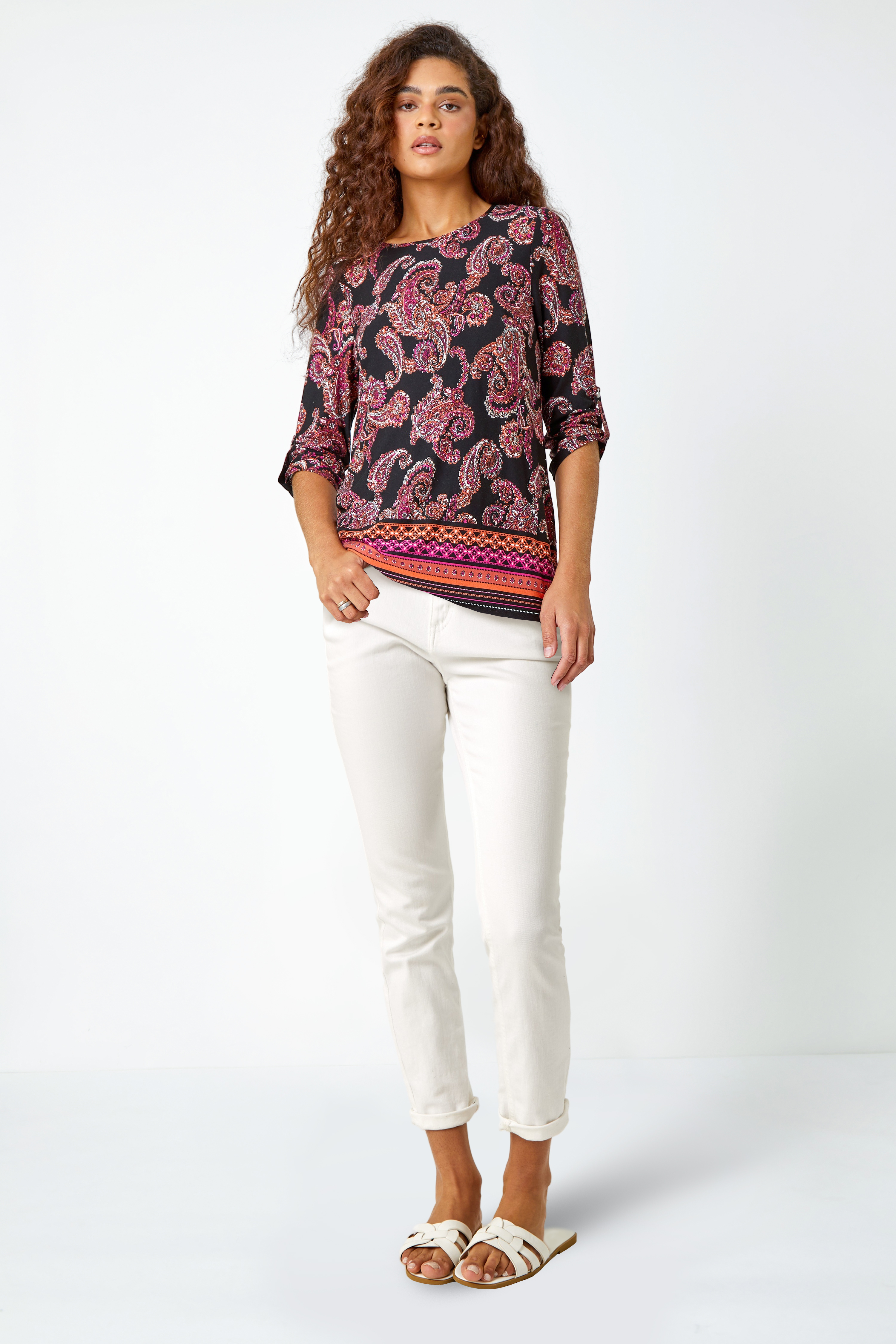 Red Paisley Border Print Tunic Stretch Top, Image 2 of 5