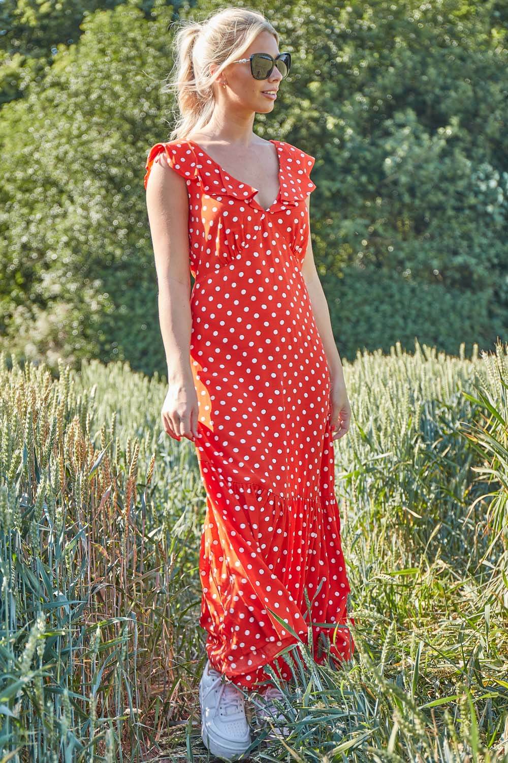 Red Polka Dot Frilly Midi Dress, Image 3 of 5