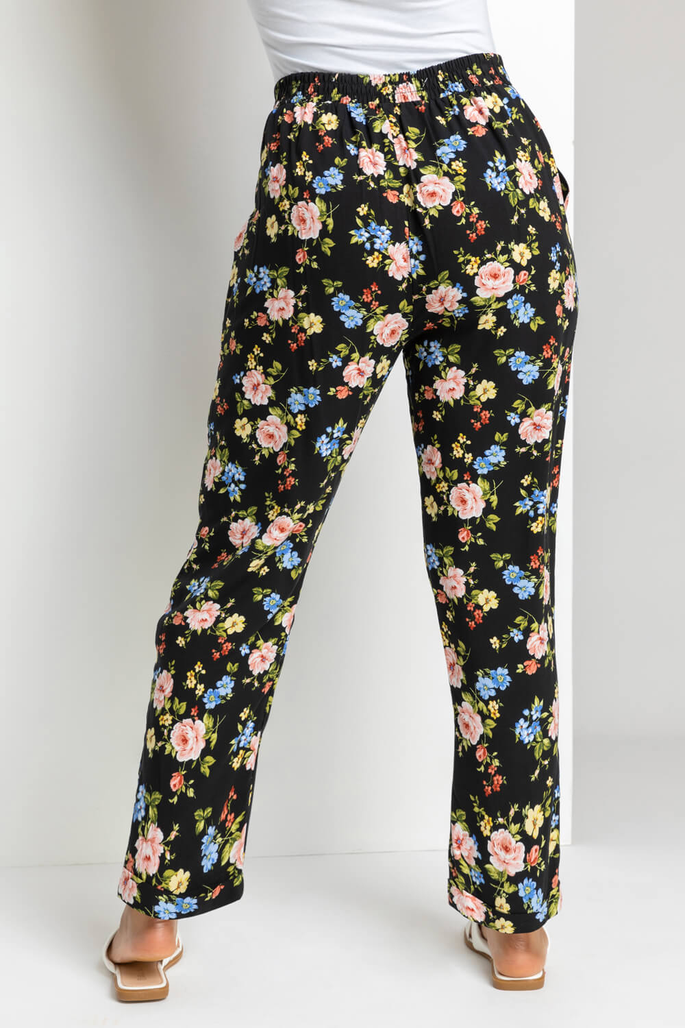 Black Petite Floral Print Tapered Trousers, Image 3 of 4