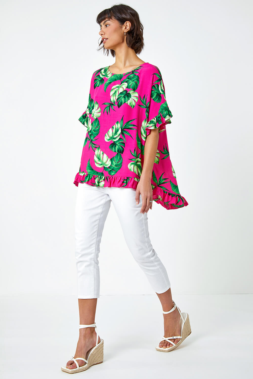 PINK Palm Print Frill Detail Oversized Top, Image 4 of 5