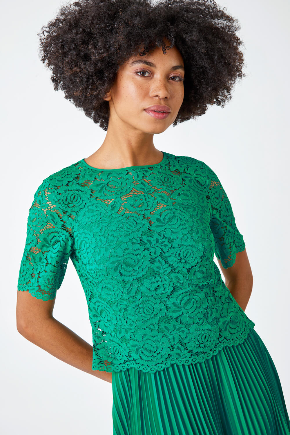 Emerald Lace Top Overlay Pleated Midi Dress, Image 4 of 5