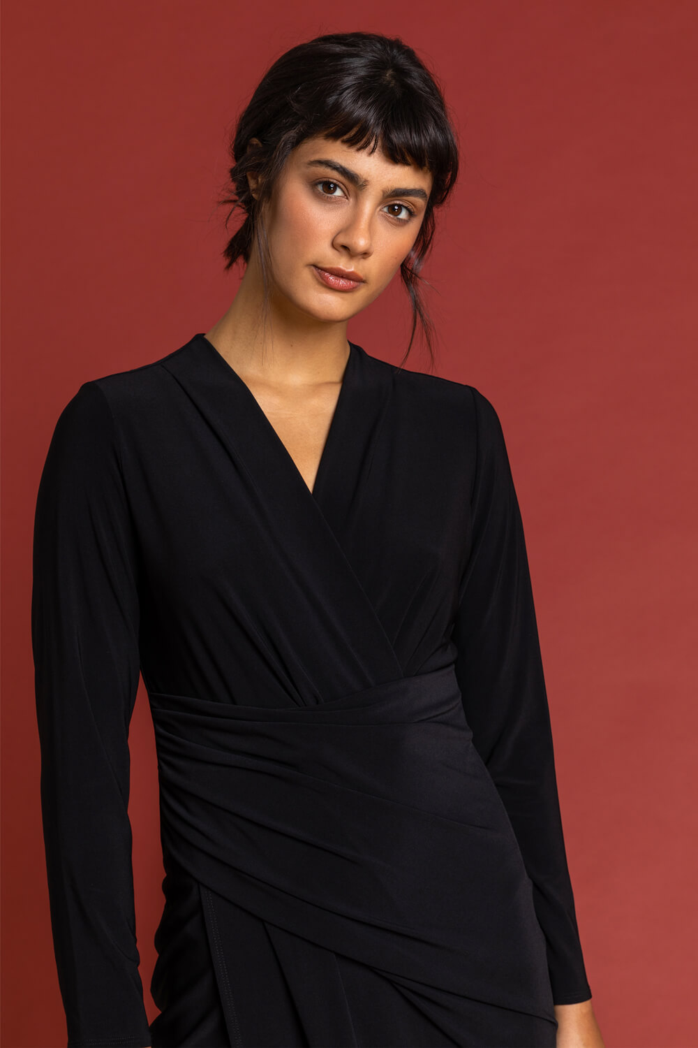 Black Fitted Jersey Ruched Wrap Dress, Image 4 of 5