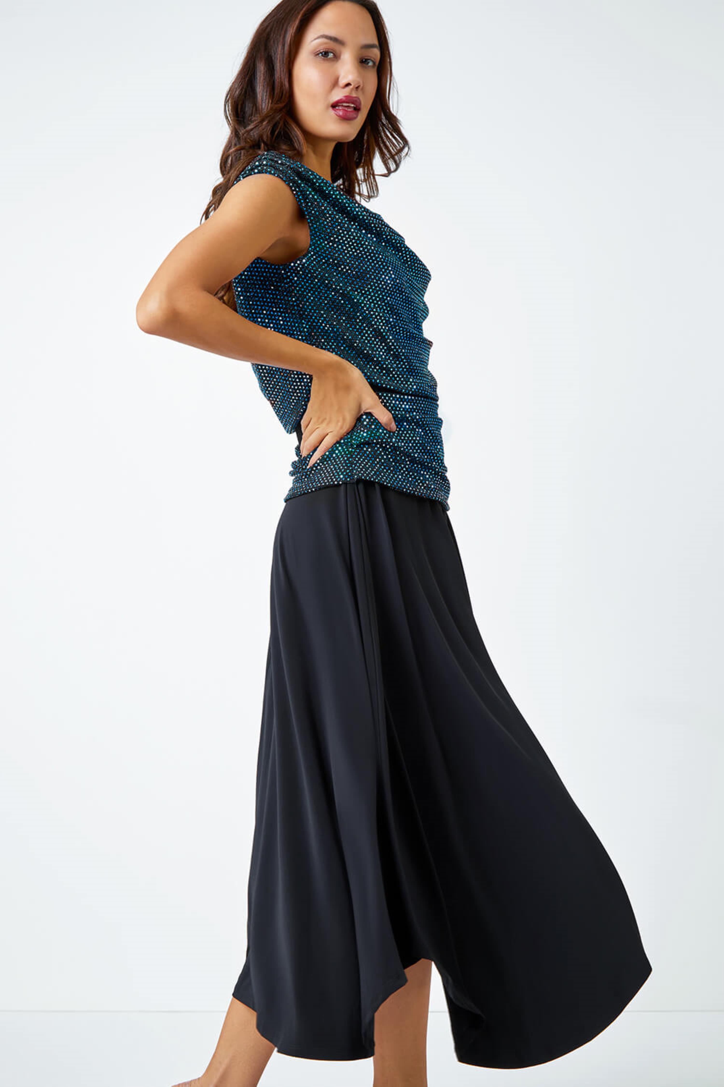 Turquoise Sequin Cowl Neck Contrast Midi Dress, Image 3 of 6