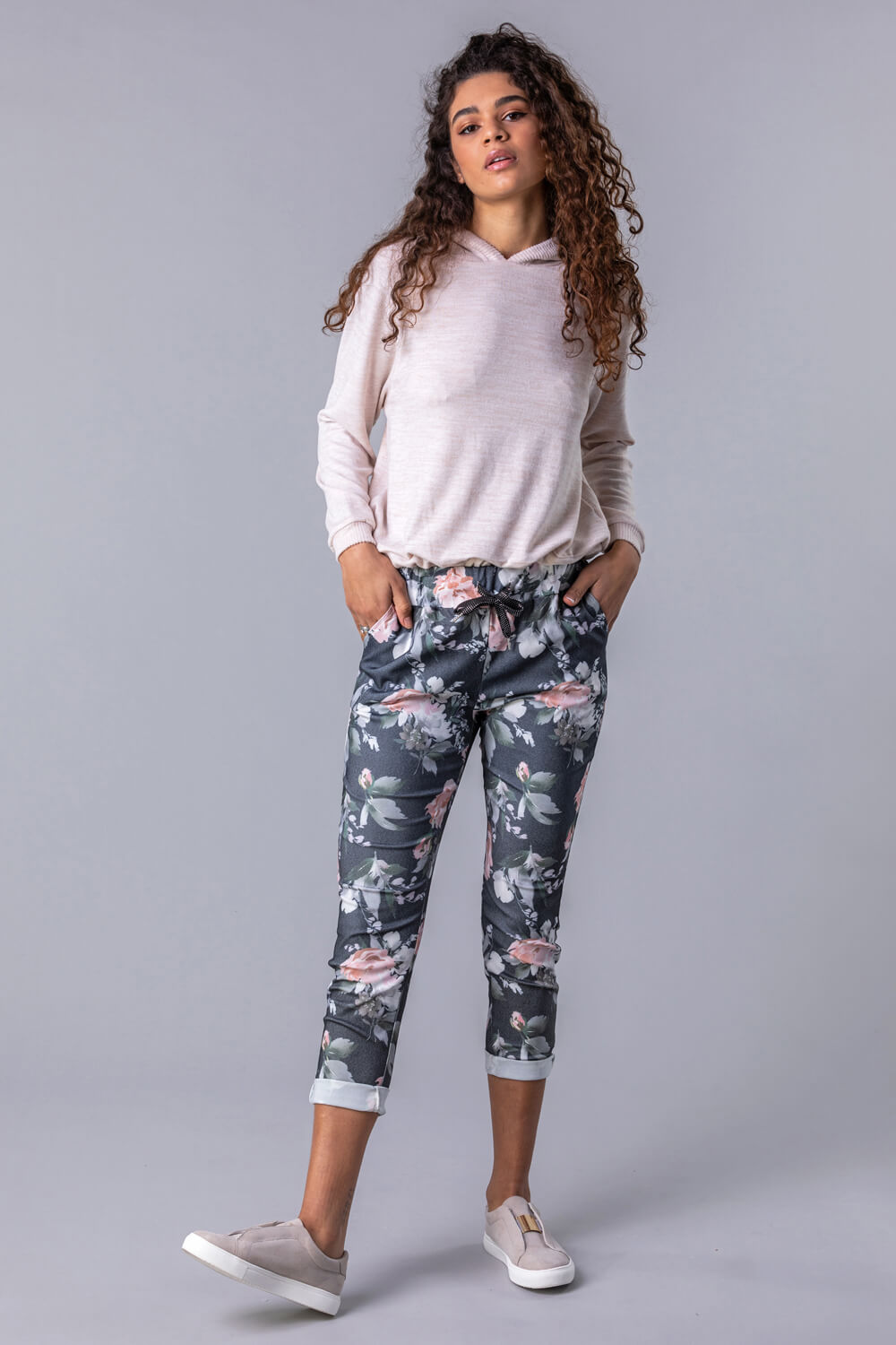 Grey Floral Stretch Lounge Jogger, Image 3 of 4