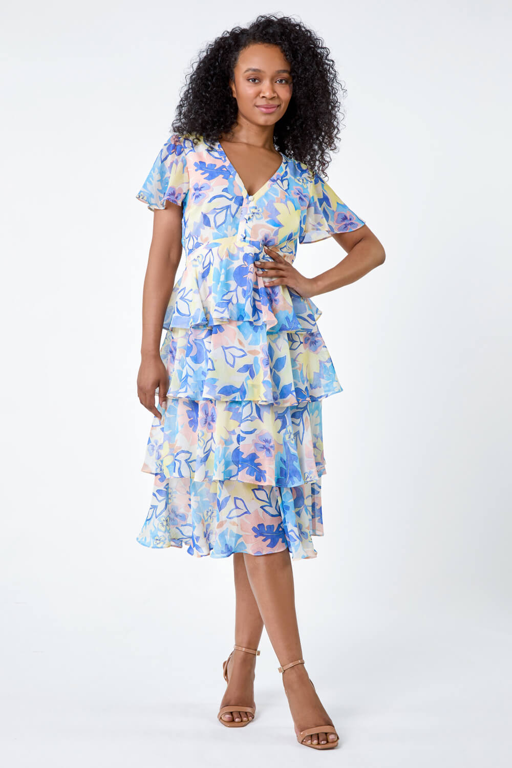 Lilac Petite Floral Print Tiered Midi Dress, Image 2 of 5