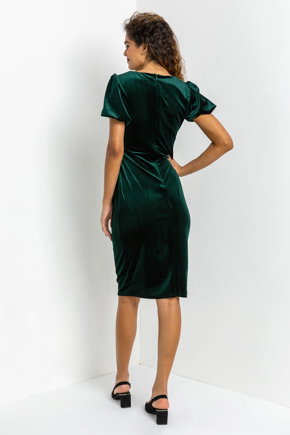 Green Velvet Bubble Sleeve Midi Dress, Image 2 of 4